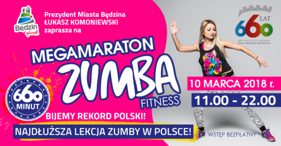 W Będzinie poprowadzą najdłuższą w Polsce lekcję Zumby Fitness LIFESTYLE, Sport - Z okazji 660 rocznicy uzyskania przez Będzin praw miejskich, mieszkańcy tego miasta będą bić Rekord Polski na najdłuższą lekcję Zumby Fitness, która potrwa dokładnie 660 minut! A wszystko to już 10 marca 2018 roku podczas Megamaratonu Zumby Fitness.