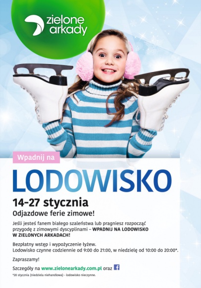 Ferie w mieście, czyli bezpłatne lodowisko w Zielonych Arkadach LIFESTYLE, Sport - W dniach 14-27 stycznia mieszkańcy Bydgoszczy i okolic będą mogli bezpłatnie ślizgać się na lodowisku w Zielonych Arkadach.