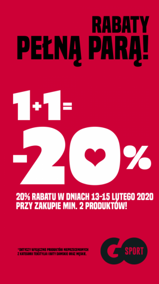 Dziel się miłością do sportu Walentynki z GO Sport LIFESTYLE, Sport - W dniach 13-15 lutego w sklepach GO Sport działać będzie promocja, która przy zakupie minimum dwóch produktów, obniży cenę całych zakupów o 20%!